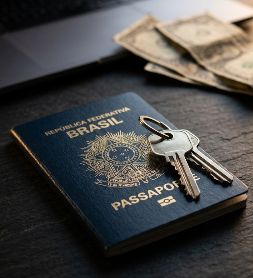 Passaporte brasileiro e documentos de viagem sobre uma mesa